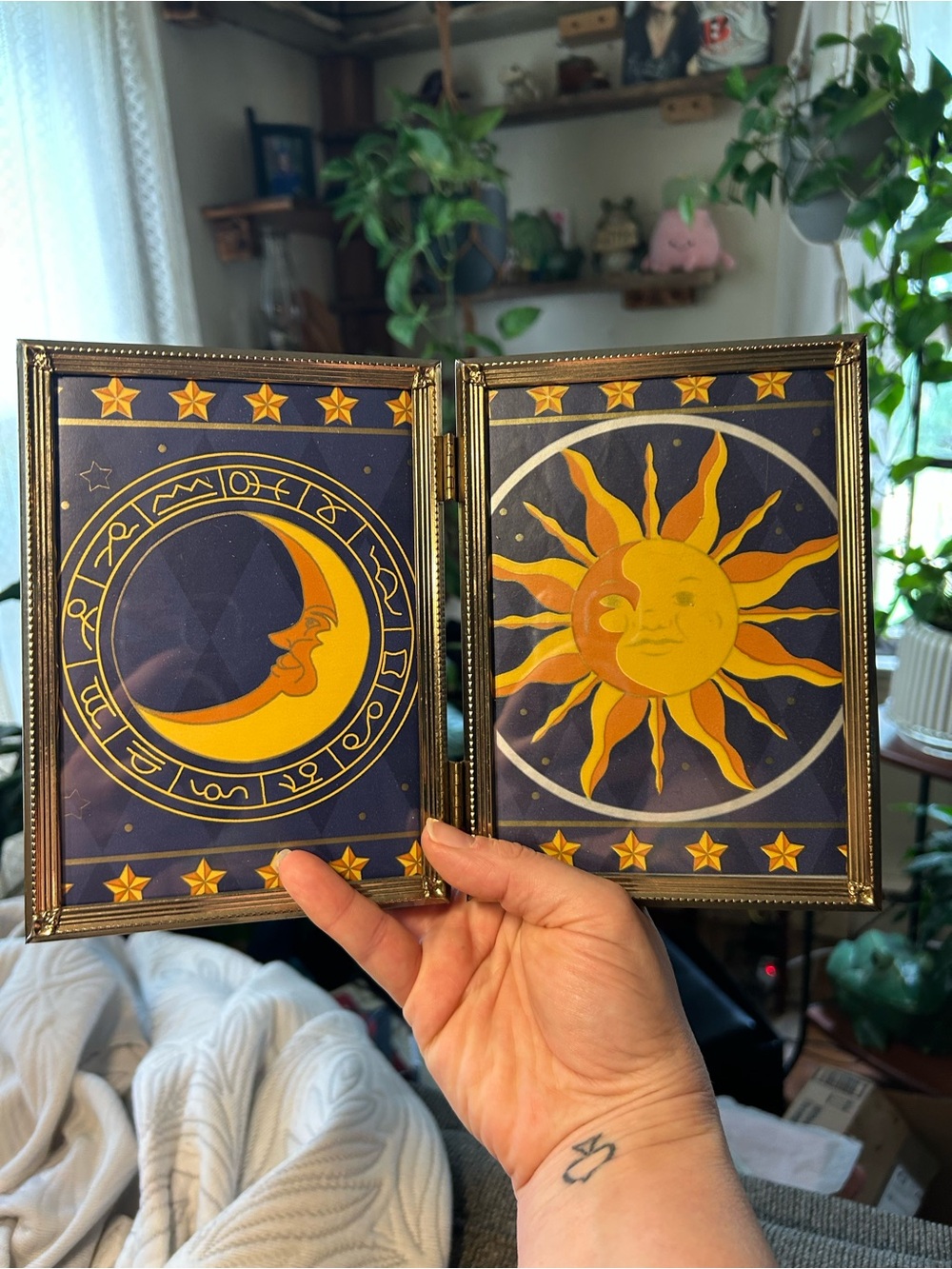 Sun & Moon Double Panel vintage celestial wallpaper sample - Blue and Yellow